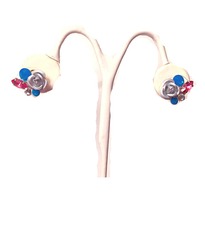 Pink and Turquoise Concrete Rose Stud Earrings