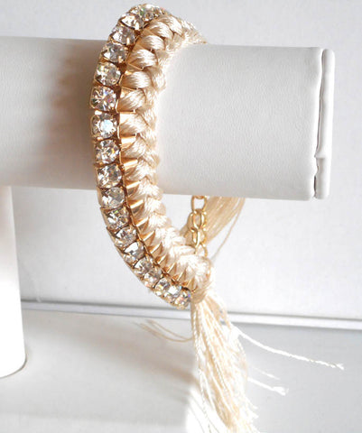 Ivory Tassel Rhinestone Link Woven Bracelet